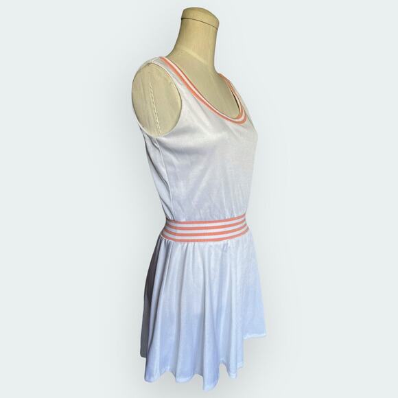 Vintage 1970s Loom Togs White Tennis Mini Dress Peach Sport Stripe Tank Stretch - Picture 2 of 5